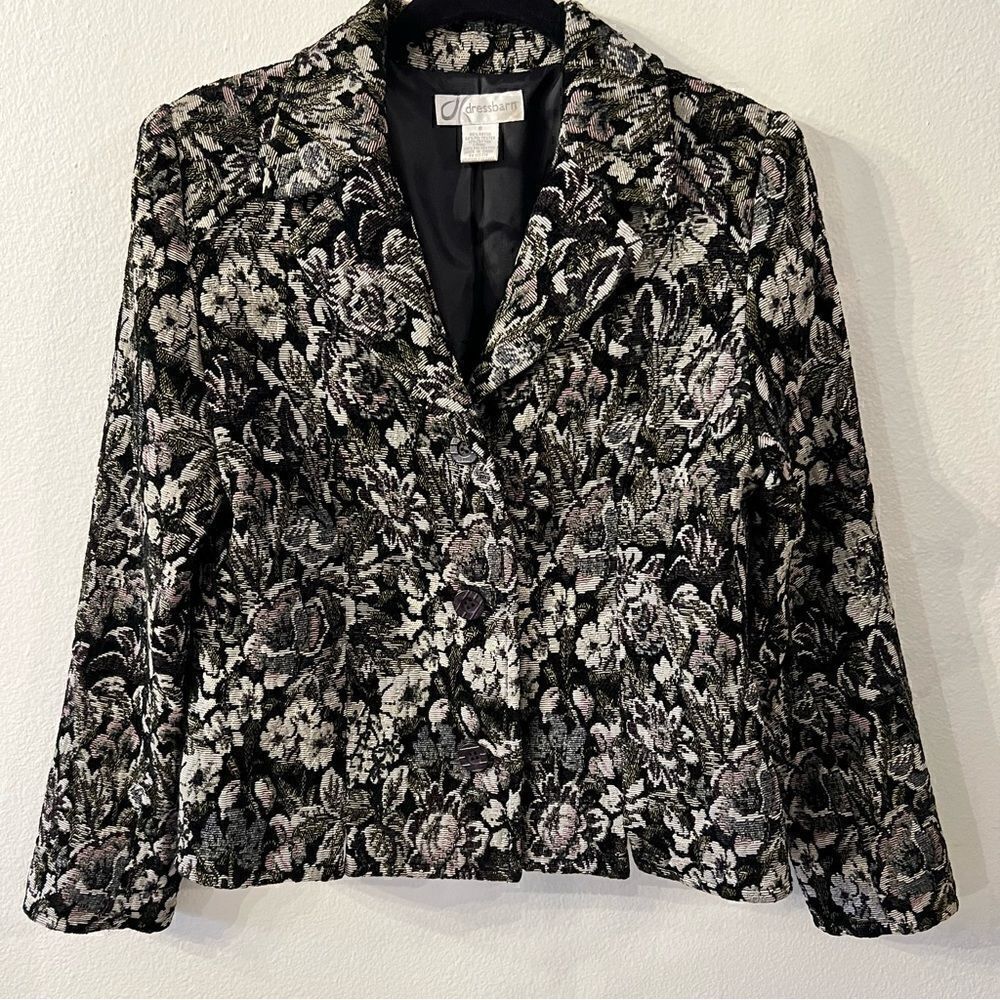 DRESSBARN Women’s  Jacket Blazer Black And Floral Tapestry Pattern Size 8 Lined